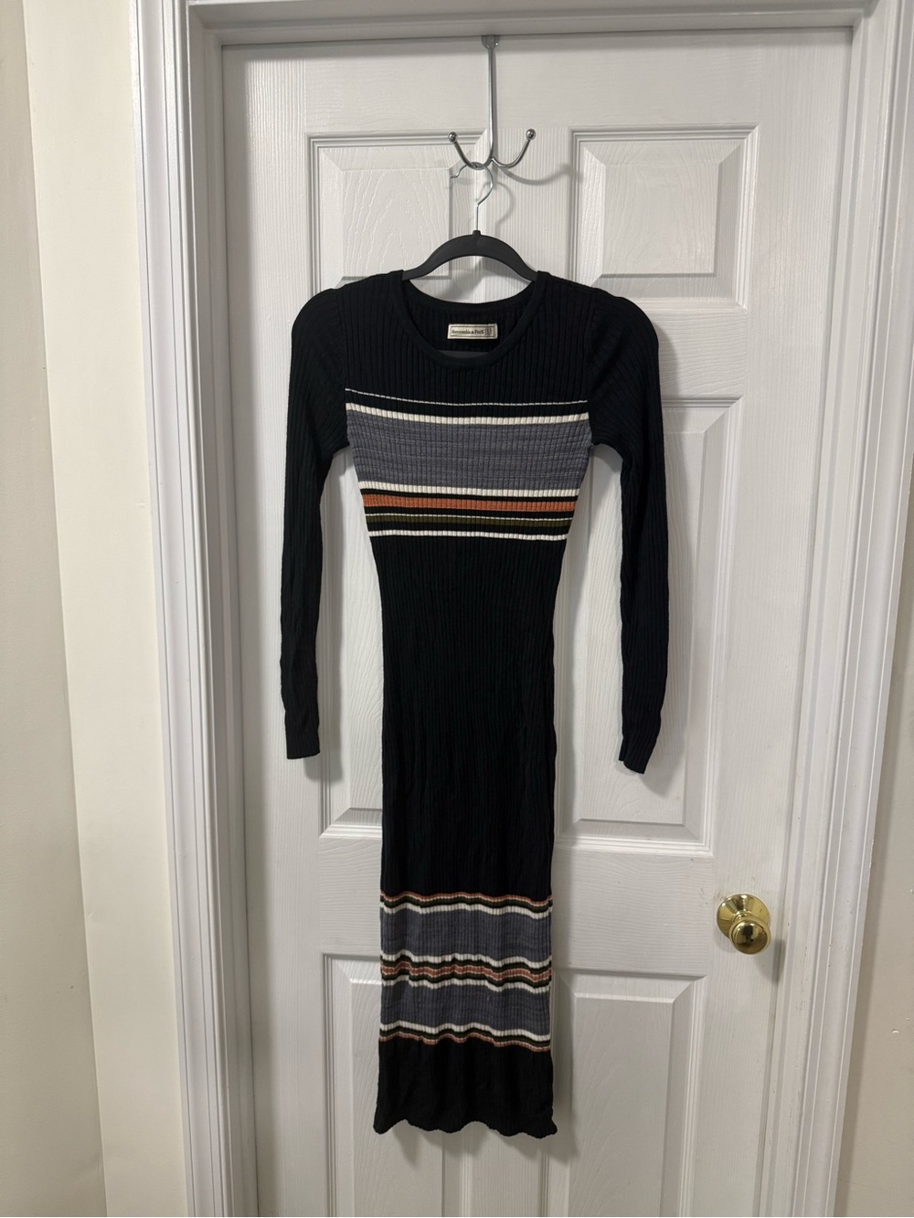 Abercrombie & Fitch Black Ribbed Long Sleeve Striped Knit Dress